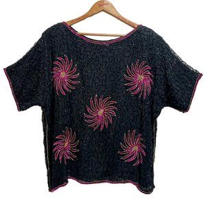 Cee Cee Vintage 100% Silk All Over Sequin Beaded Black Evening Blouse Size Large